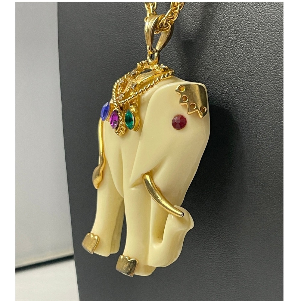 Vintage Elephant Pendant Necklace Rhinestone Gold Tone Chain 18" - Picture 6 of 14